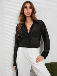 SHEIN Privé Women's Shiny Long Sleeve Shirt - Black - View 5