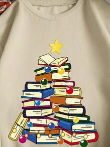 SHEIN EZwear Women's Sweatshirt With Books And Stars Print - Beige - View 5