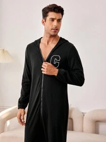 Men's Letter Print Hooded Homewear Jumpsuit - Black - View 4