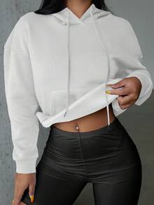 SHEIN PETITE Quý cô Áo nỉ có mũ Với In thư - trắng - Xem 4