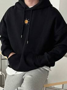 男士户外探险元素印花抽绳连帽卫衣，返校季，秋冬季，长袖上衣 - 黑色 - 查看 5