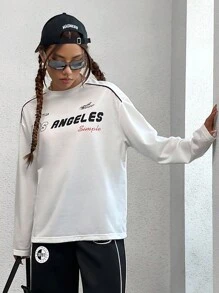SHEIN EZwear 字母印花長袖下垂肩t恤 - 白色 - 查看 6