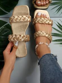 Fashionable Korean Style Minimalist Golden Flat Sandals - Gold - View 1