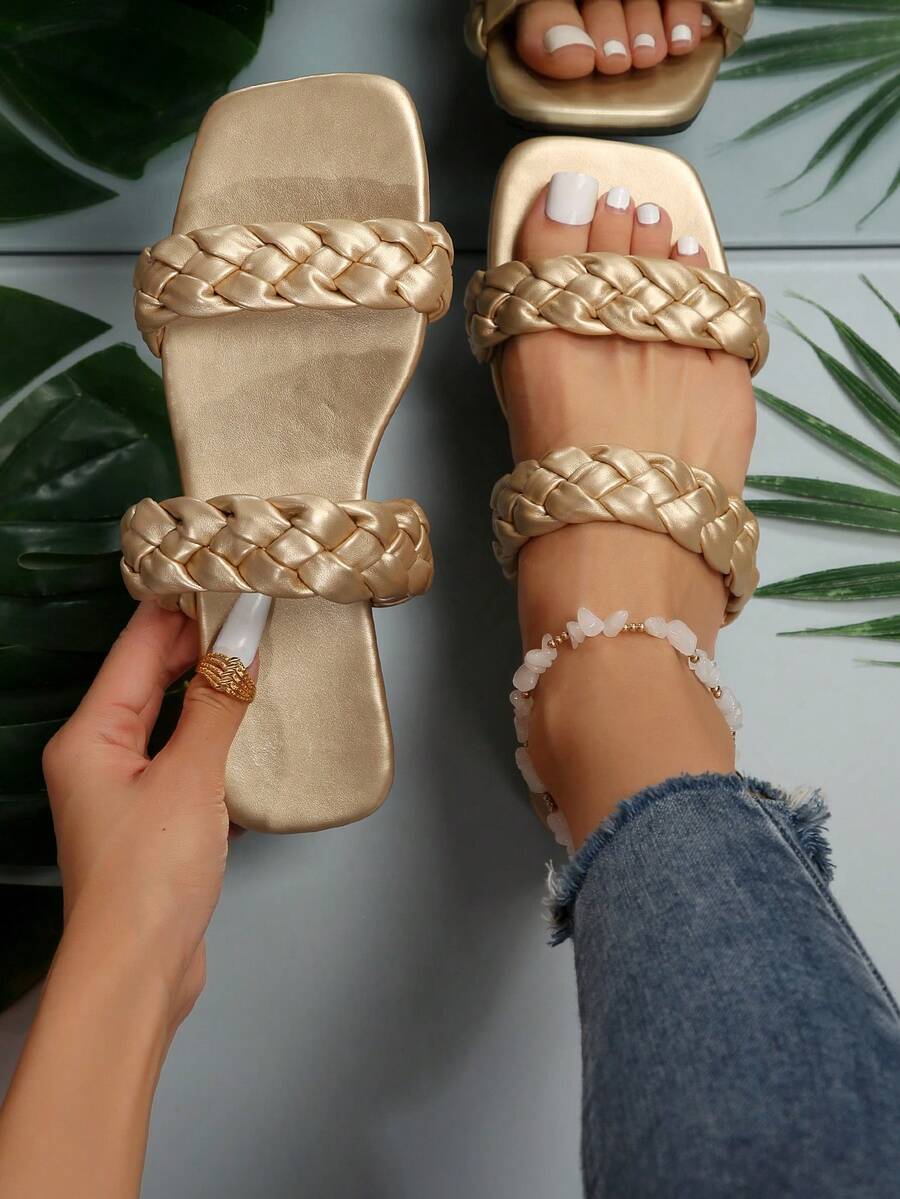 Fashionable Korean Style Minimalist Golden Flat Sandals - Gold - View 1