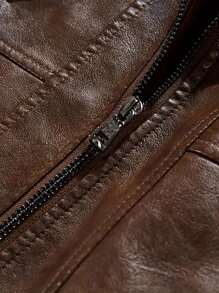 Men Zip Up Hooded PU Leather Jacket - Brown - View 5