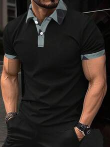 Manfinity 男士拼接邊POLO衫 - 黑色 - 查看 4