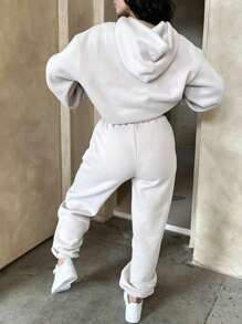 SHEIN EZwear 女字母印花連帽衫和運動褲兩件套 - 白色 - 查看 2