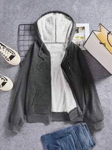 SHEIN EZwear Áo hoodie có dây rút lót nhiệt dành cho nữ - Màu xám đen - Xem 1