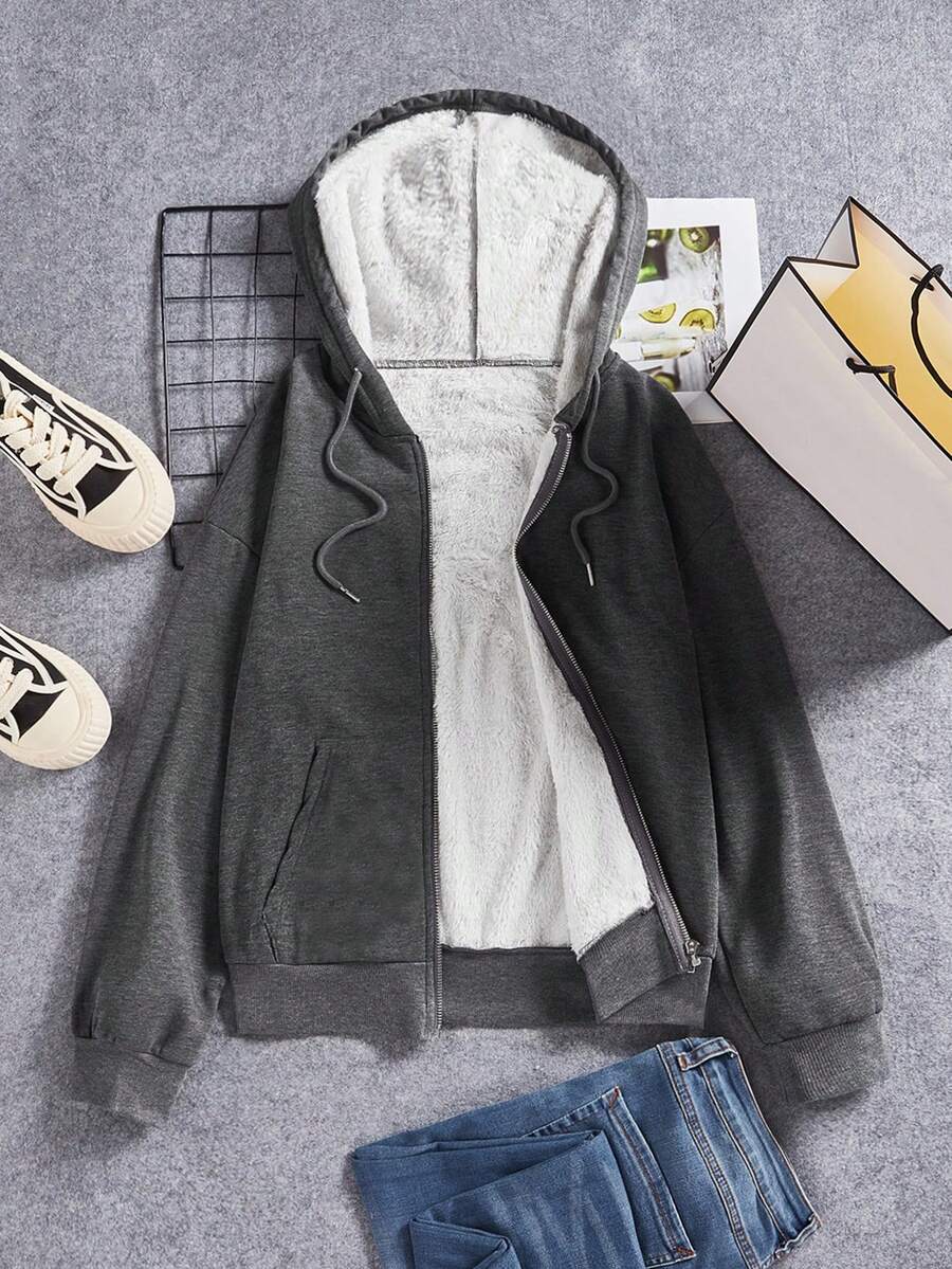 SHEIN EZwear Áo hoodie có dây rút lót nhiệt dành cho nữ - Màu xám đen - Xem 1