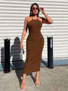 SHEIN SXY 女式掛脖露背束連身裙 - 棕色 - 查看 2