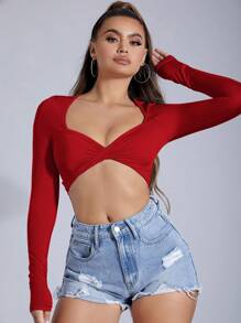 SHEIN SXY 女士扭結短袖t恤衫 - 紅色 - 查看 5