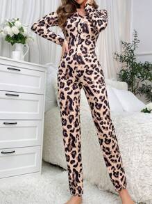 豹纹荷叶边睡衣连体衣，秋冬款 - 彩色 - 查看 4