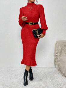 SHEIN Clasi Của phụ nữ Màu thuần Áo cao cổ Tay áo lồng đèn Đầm Áo len - Đỏ - Xem 4