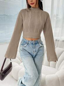 SHEIN EZwear Áo len dệt kim màu trơn cổ đứng tay loe cho nữ, áo dài tay - Màu Khaki - Xem 3