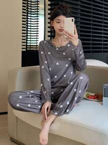 DAZY 女士心形印花睡衣套裝 - 深灰色 - 查看 5