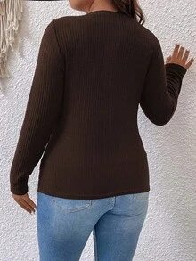 SHEIN Franclia Plus Size Button Half-placket T-shirt - Coffee Brown - View 2