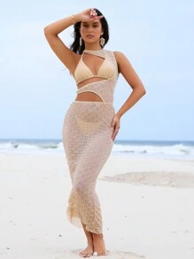 SHEIN Swim Women's Hollow Mesh Bikini Set Suit Summer Beach - Khaki - View 6