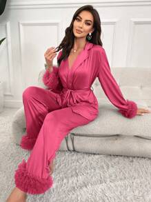 Slumberist Ladies' Mesh Splice Satin Pajama Set, Fall Winter Clothes - Hot Pink - View 5