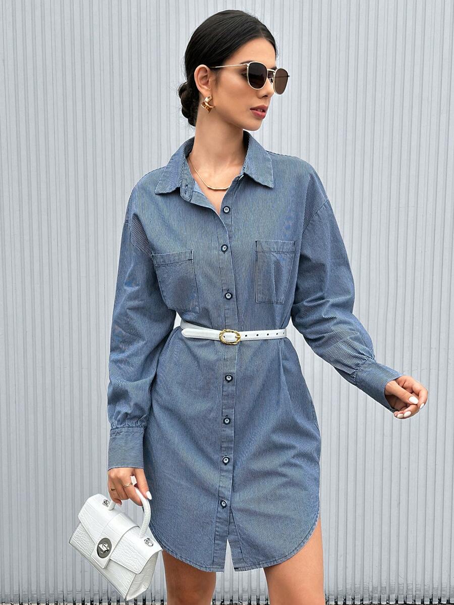 Aveloria 女式腰帶裝飾長袖牛仔連身裙 - 淺色水洗藍 - 查看 1