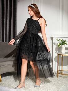 SHEIN Teenage Girls' Elegant Glitter Tulle Party Dress - Black - View 4