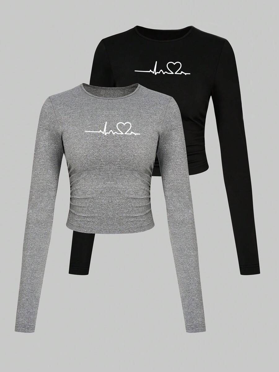 SHEIN Essnce Ladies' Set Of 2 Ekg Heartbeat Pattern Print T-shirts - Multicolor - View 1