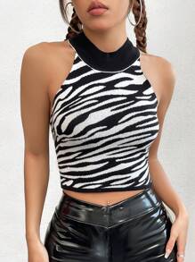 SHEIN EZwear Zebra Pattern Knit Top - Black and White - View 3