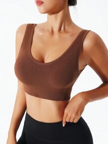 Yoga Basic Solid Ribbed Knit Sports Bra - بني - مشاهدة 6