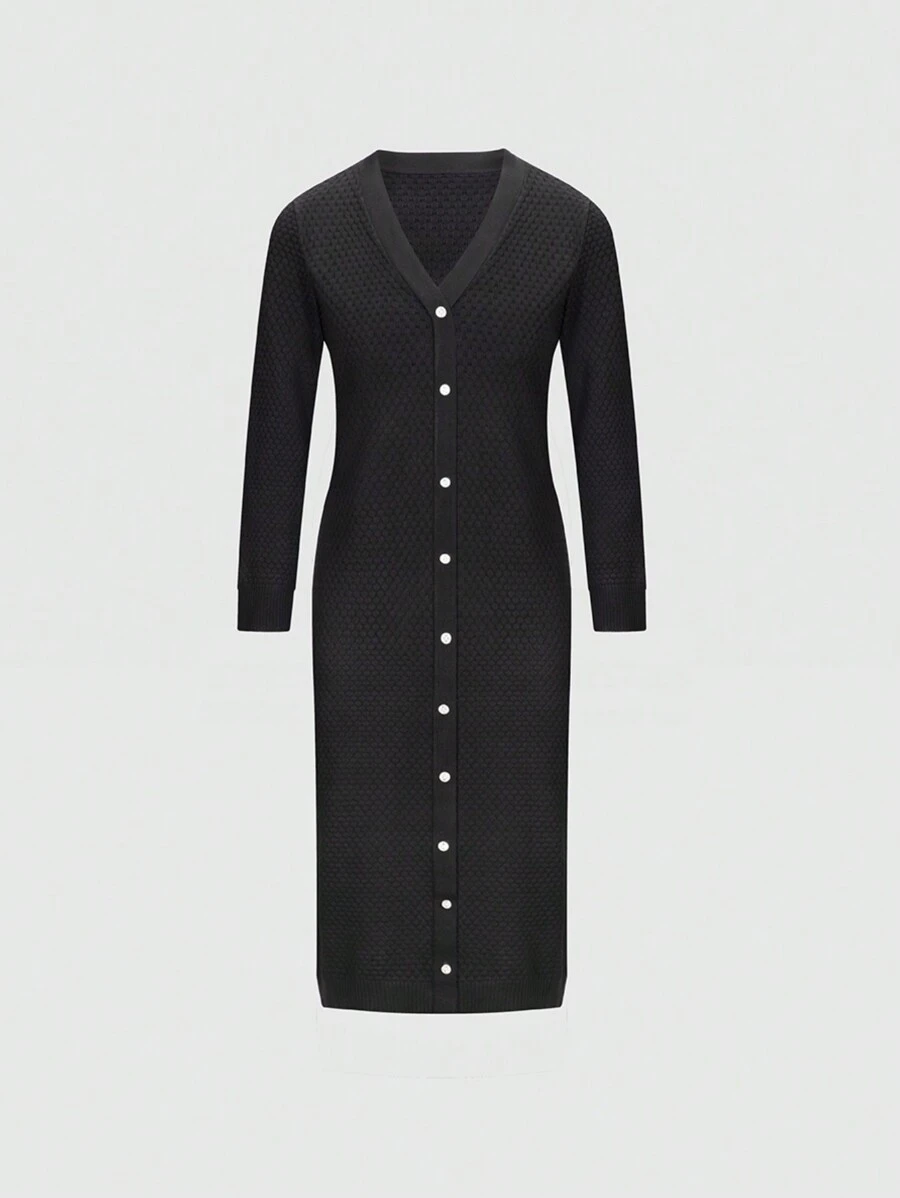 SHEIN Unity V領單排扣毛衣連衣裙 - 黑色 - 查看 1