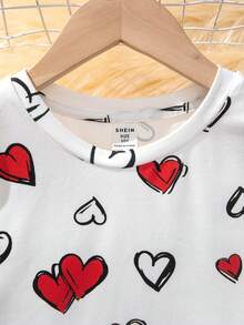 SHEIN Cô gái Love Tim In Áo thun Và Dài Quần Bộ đồ ngủ - Đỏ và trắng - Xem 4