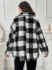 SHEIN LUNE Plus Buffalo Plaid Pattern Drop Shoulder Teddy Coat, For Winter - Black and White - View 2