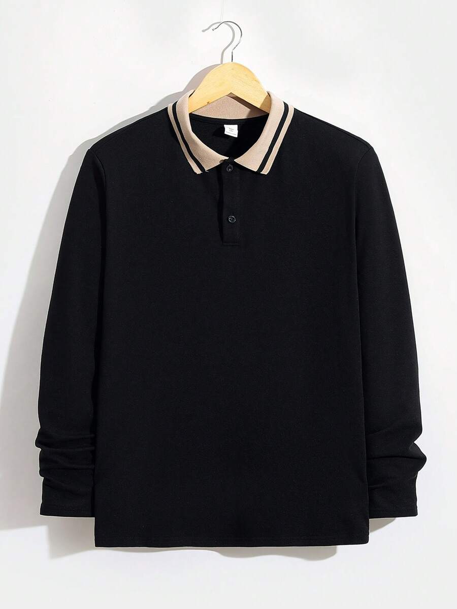 SHEIN Thiếu niên con trai Giải trí & Thoải mái Cơ bản Sọc Vòng cổ Tay áo dài Áo - màu đen - Xem 1