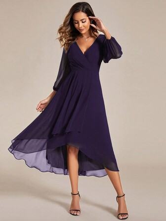 Elegant Lantern Sleeve Pleated Chiffon Purple Long Sleeve Bridesmaid Dress, Formal Occasion Dress For Wedding Guests, Autumn