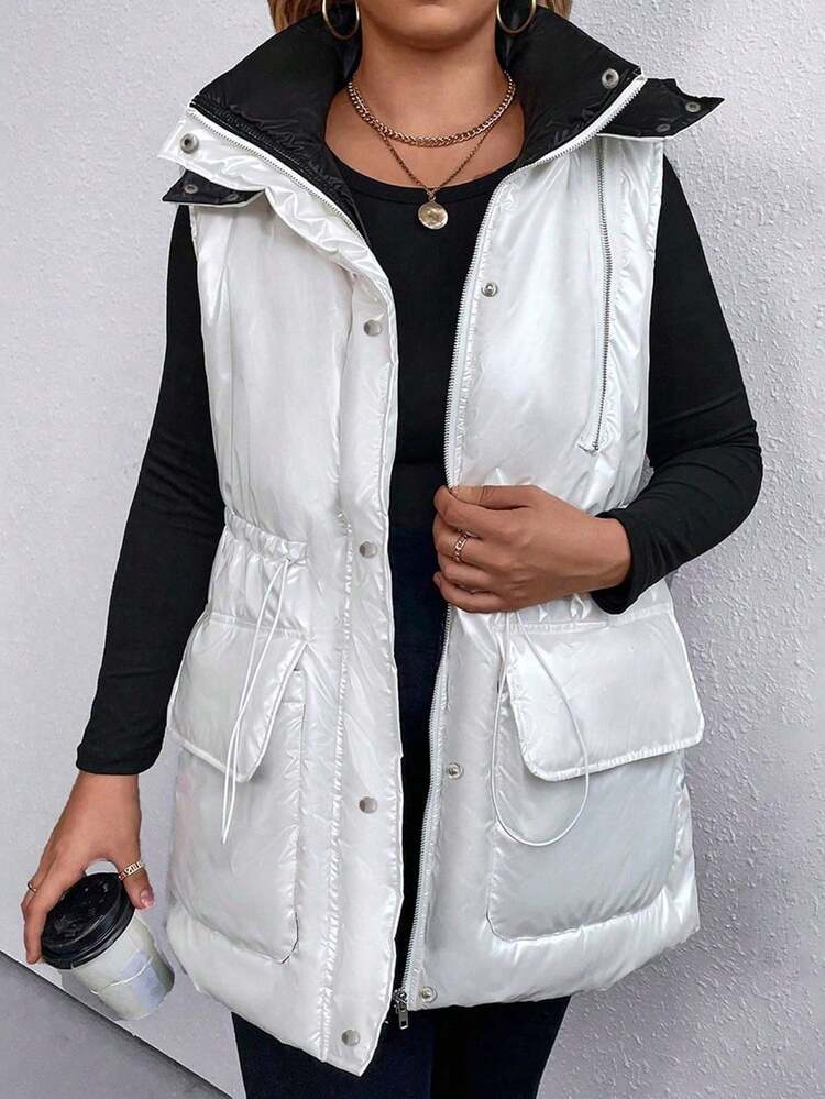 Plus Size Color-Block Sleeveless Hooded Padded Vest With Flap Pocket And Waist Drawstring