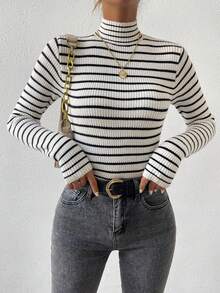 SHEIN Frenchy Của phụ nữ Sọc Đứng cổ áo Áo len - Nhiều màu - Xem 3