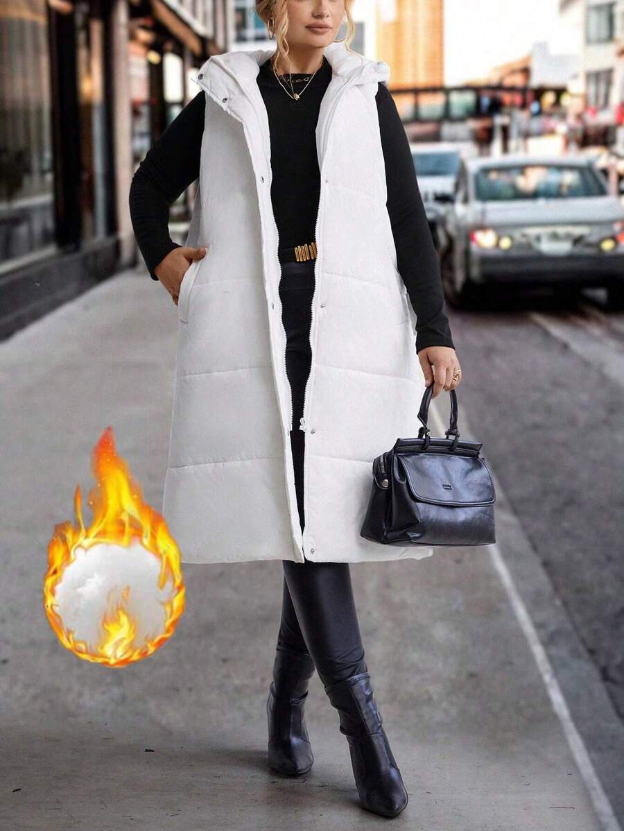 SHEIN LUNE Plus Slant Pockets Hooded Vest Padded Coat Quần áo mùa đông - trắng - Xem 1