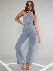 Denimoi Halter Backless Flare Leg Denim Jumpsuit - Blue - View 3