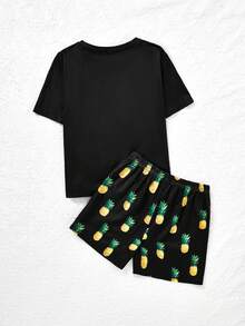 SHEIN Tween 女孩休閒針織短袖上衣和短褲套裝,適合街頭服飾 - 黑色 - 查看 2