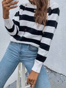 SHEIN LUNE Women's Striped Ripped Sweater - Black and White - View 4