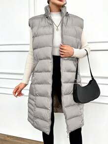 RueChic Zipper Front Stand Collar Padded Vest Style Jacket - Light Grey - View 1