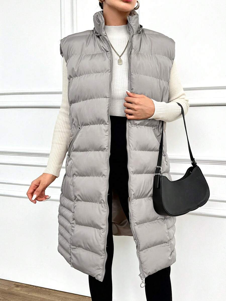 RueChic Zipper Front Stand Collar Padded Vest Style Jacket - Light Grey - View 1