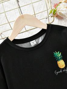 SHEIN Tween 女孩休閒針織短袖上衣和短褲套裝,適合街頭服飾 - 黑色 - 查看 3