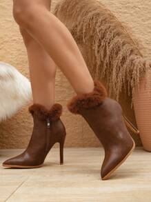 High Heel Short Boots Pointed Toe Thin Heel Fur Boots French Style - Brown - View 6