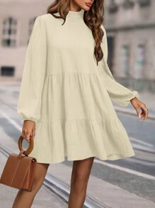 SHEIN LUNE Stand Collar Solid Color Lantern Sleeve Ruffled Hem Doll Dress With Long Sleeves - Apricot - View 1