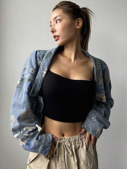 DAZY 女士花卉印花开襟牛仔夹克 Y2k