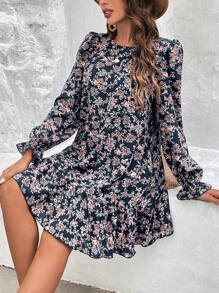 SHEIN VCAY 女士花卉印花圓領裙,搭配荷葉邊 - 彩色 - 查看 1