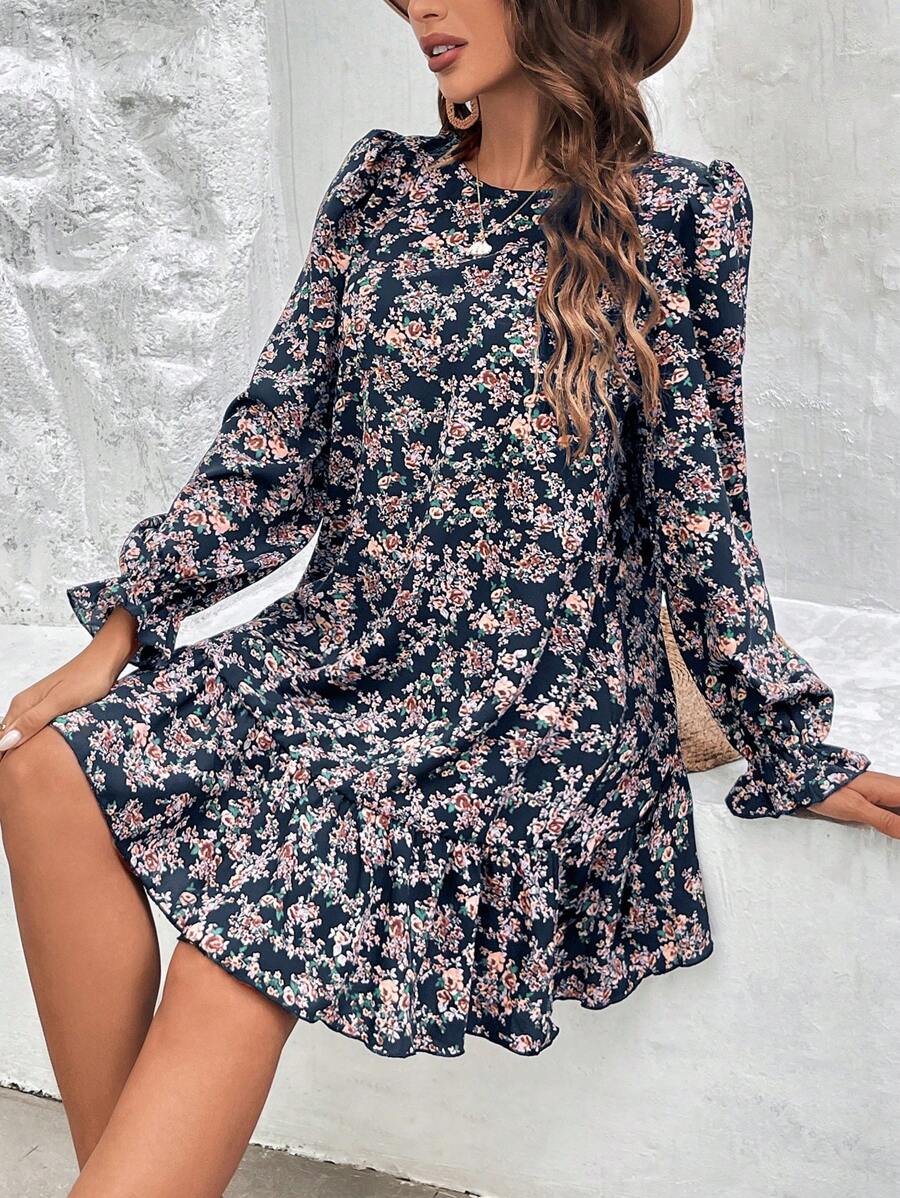 SHEIN VCAY Women's Floral Printed Round Neck Dress With Ruffle Hem - Multicolor - View 1