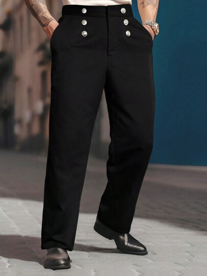 Manfinity Homme Men's Solid Color Button Decorated Dress Pants