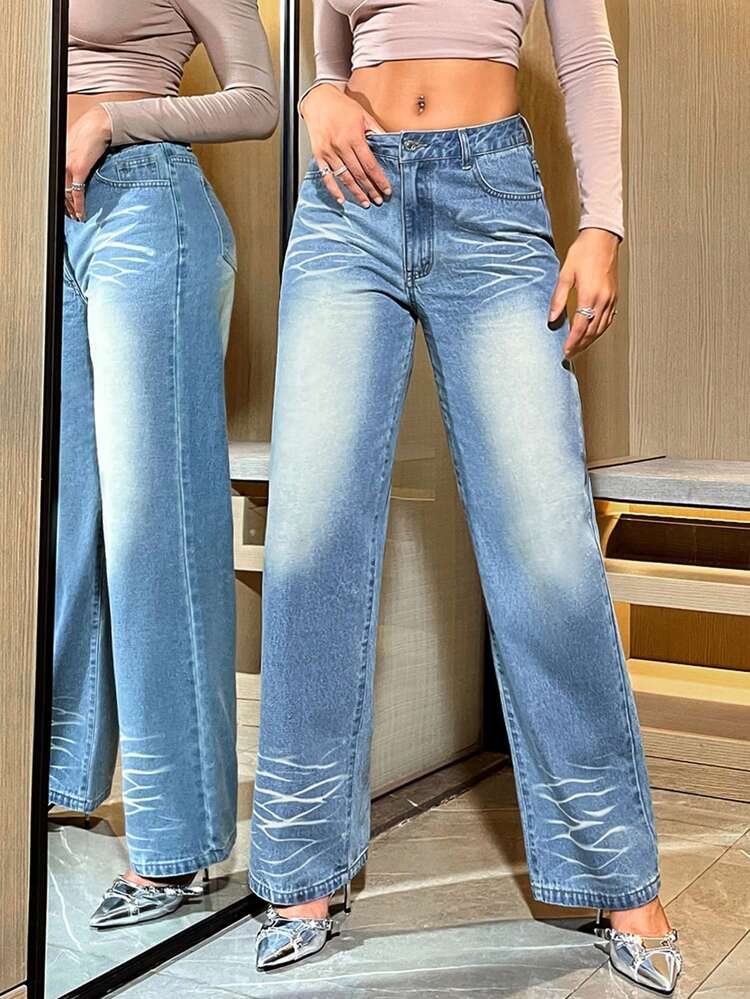 Washed Cat Whisker Straight Leg Jeans