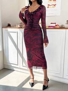 SHEIN Privé 女式v領花卉印花蕾絲裝飾長袖連衣裙 - 紅色 - 查看 5
