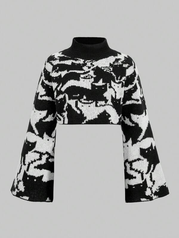 ROMWE Goth Suéter con mangas de campana y estampado de gato, para la escuela